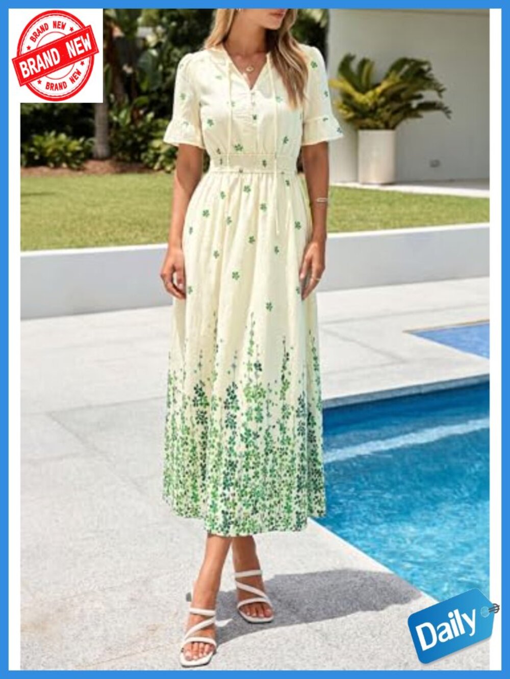 Boho Floral Maxi Dress Short Sleeve Tie V-Neck with Pockets - Picture 2 of 6